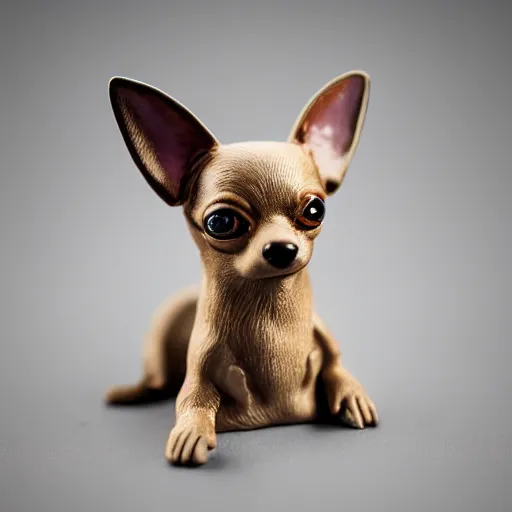 Image similar to A porcelain model of a chihuahua painted in an Emma Bridgewater pattern, sculpture, photograph, studio lighting, product photography, advertising photography, pottery, figurine, octane render –H 768