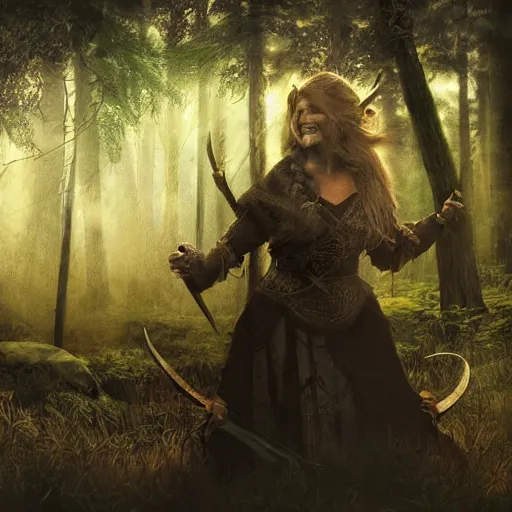 Image similar to a smiling viking shadow behind her a blurred forest, detailed and realistic painting, atmosphere, dynamic, expressions, cinematic