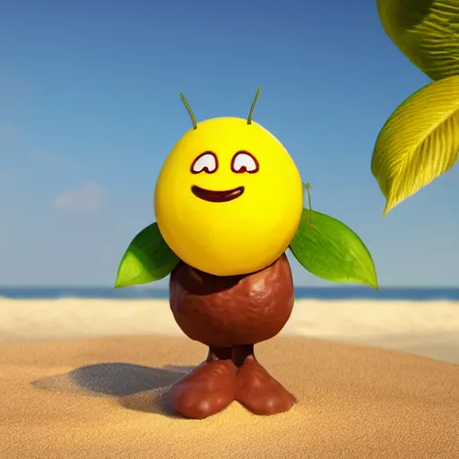 Image similar to a cgi happy smiling lemon character with a leaf on the top and two feet, holding an tropical drink, on the beach, as an octane render