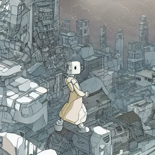 Prompt: A robot walking through a collapsed and completely destroyed city in the style of studio ghibli, futuristic, dystopian, ominous, beautiful, astral, mystical, intricate, detailed
