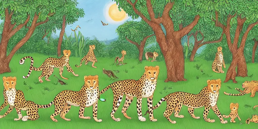 Image similar to whole family of cheetah and lion in happy forest , huge scale, high detail, intricate by Axel Scheffler