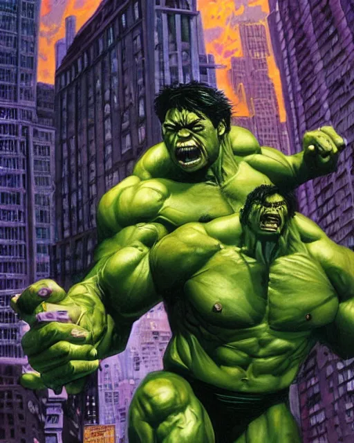 Prompt: a moody oil painting of the incredible hulk on a rampage in new york city by joe jusko. dramatic lighting. action and destruction.