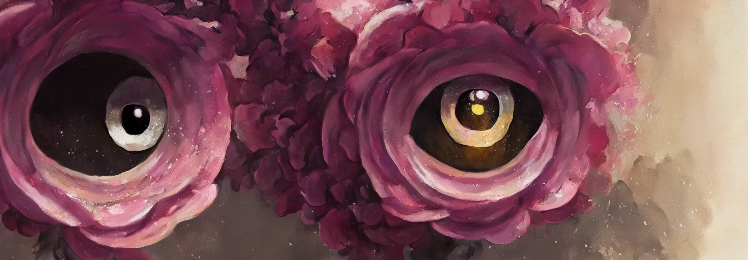 Image similar to close up of a beautiful flower with robot eyes in the middle by Greg rutkowski