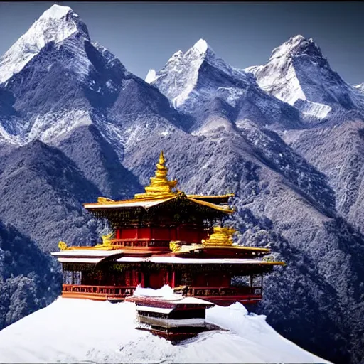 Image similar to snowy peaks, himalayas, buddhist temple, stunning, extraordinary, blizzard, mystical, made in abyss style