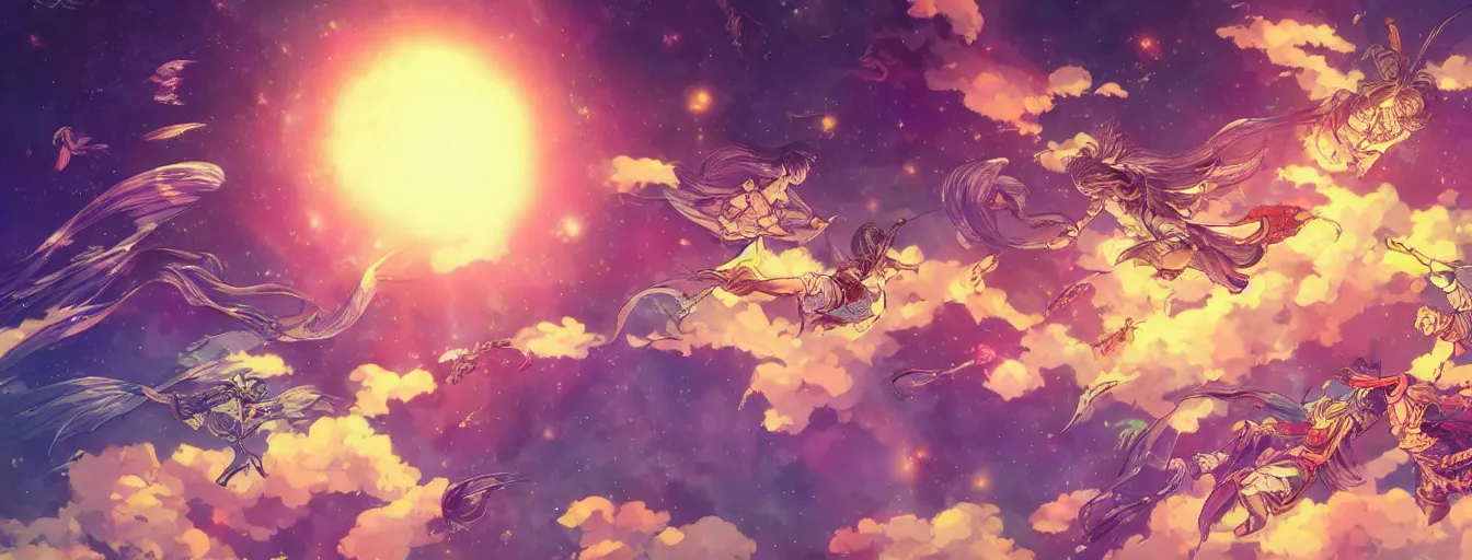 Image similar to souls flying up in a beautiful color night sky. hyperrealistic anime background illustration by kim jung gi, colorful, extremely detailed intricate linework, smooth, super sharp focus, bright colors, high contrast, matte, octopath traveler, unreal engine 5 highly rendered, global illumination, radiant light