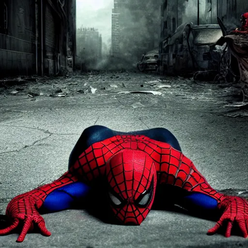 Prompt: dramatic scenes of wounded spiderman, post apocalyptic, sad ambience