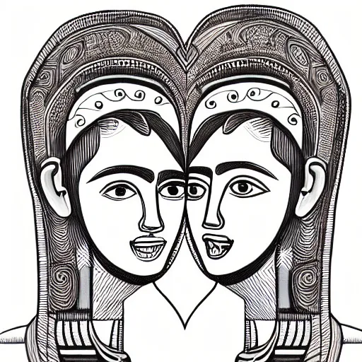 Image similar to perfectly centered symmetrical split male and female portrait of young indian man and woman in love sharing one heart. illustration, highly detailed, simple, no jagged lines, smooth, artstation, artwork by frank lloyd wright