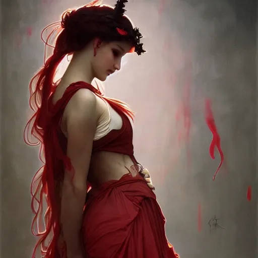 Image similar to goth girl wearing dress covered in red paint, intricate, art by artgerm and greg rutkowski and alphonse mucha and william - adolphe bouguereau, high detailed, 4 k,