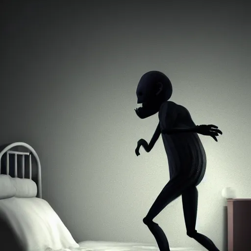 Prompt: A gangly humanoid monster running towards a person sleeping in a bed, trending on Artstation, Digital Painting, Photo Realistic, Dynamic Lighting, Gloomy, Insanely Detailed, Award Winning