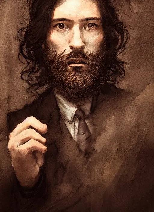 Image similar to portrait, a handsome small Frenchman with beard and long black hair toasting with whiskey, watercolor, dramatic lighting, cinematic, establishing shot, extremely high detail, foto realistic, cinematic lighting, digital art, by Yoshitaka Amano, Ruan Jia, Kentaro Miura, Artgerm, post processed, concept art, artstation, matte painting, style by eddie mendoza, raphael lacoste, alex ross