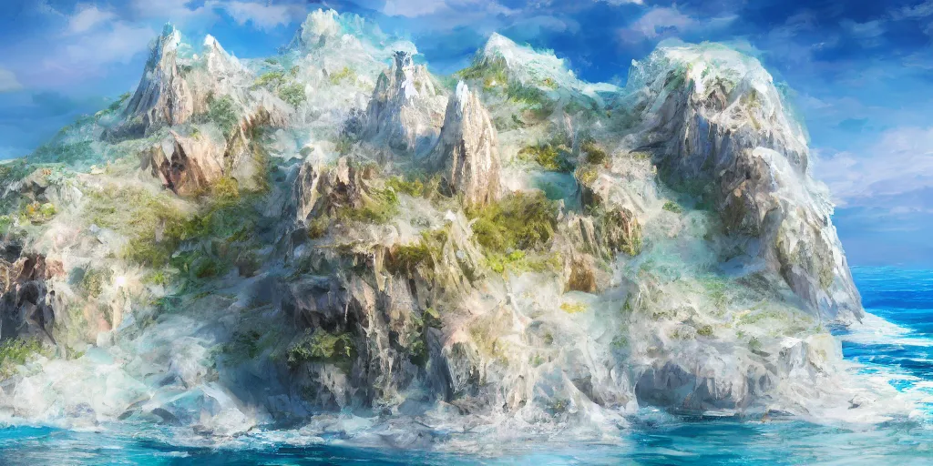 Image similar to salt covered islands surrounded by steep quartz cliffs, illustration, bright sunlight, sun glints, sunrays, digital art, oil painting, fantasy, 8 k, trending on artstation, detailed