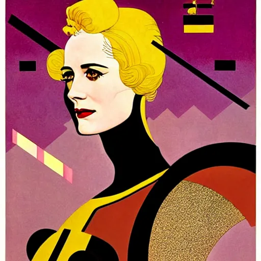 Image similar to Art by Coles Phillips, Portrait of the actress, Eva Green as Space Commander Alpha from the Year 4000, geometric art, poster, no text, Mucha, Kandinsky, carbon blac and antique gold