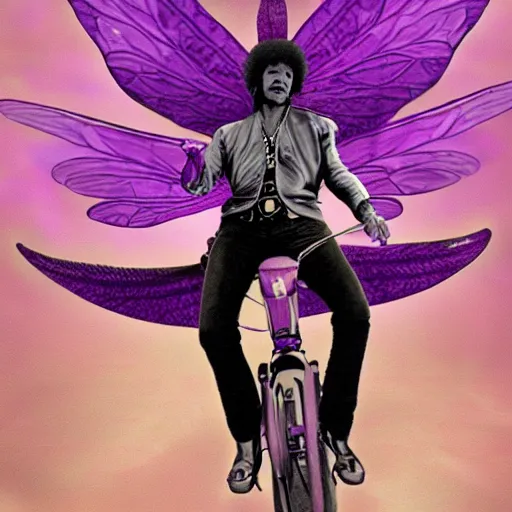 Prompt: Jimi Hendrix riding on the back of an enormous purple dragonfly, Digital realistic detailed art trending in Artstation.