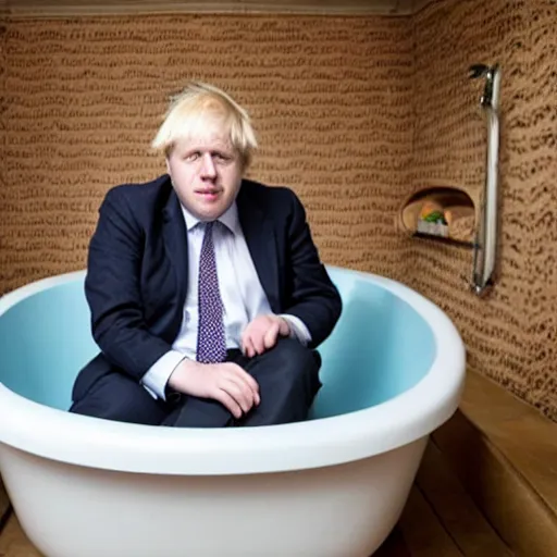 Image similar to Boris Johnson sitting inside a bathtub filled with beans, photograph