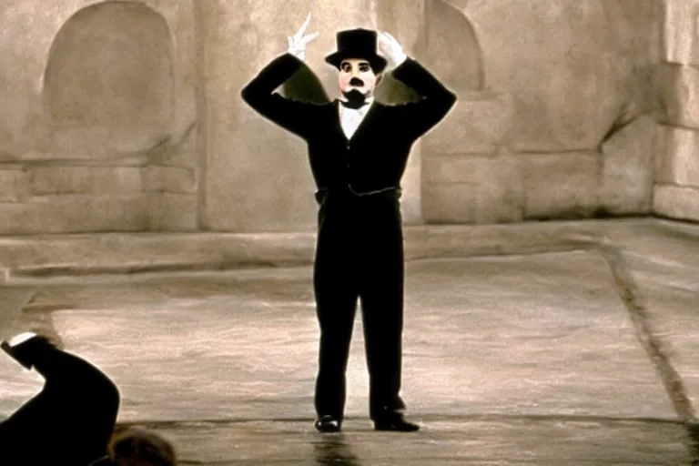 Image similar to Antonio Banderas as Charlie Chaplin in 'My Chap Chaplin' (1968), movie still frame, promotional image, imax 70 mm footage, oscar nominated cinematography, volumetric lighting, 8k resolution