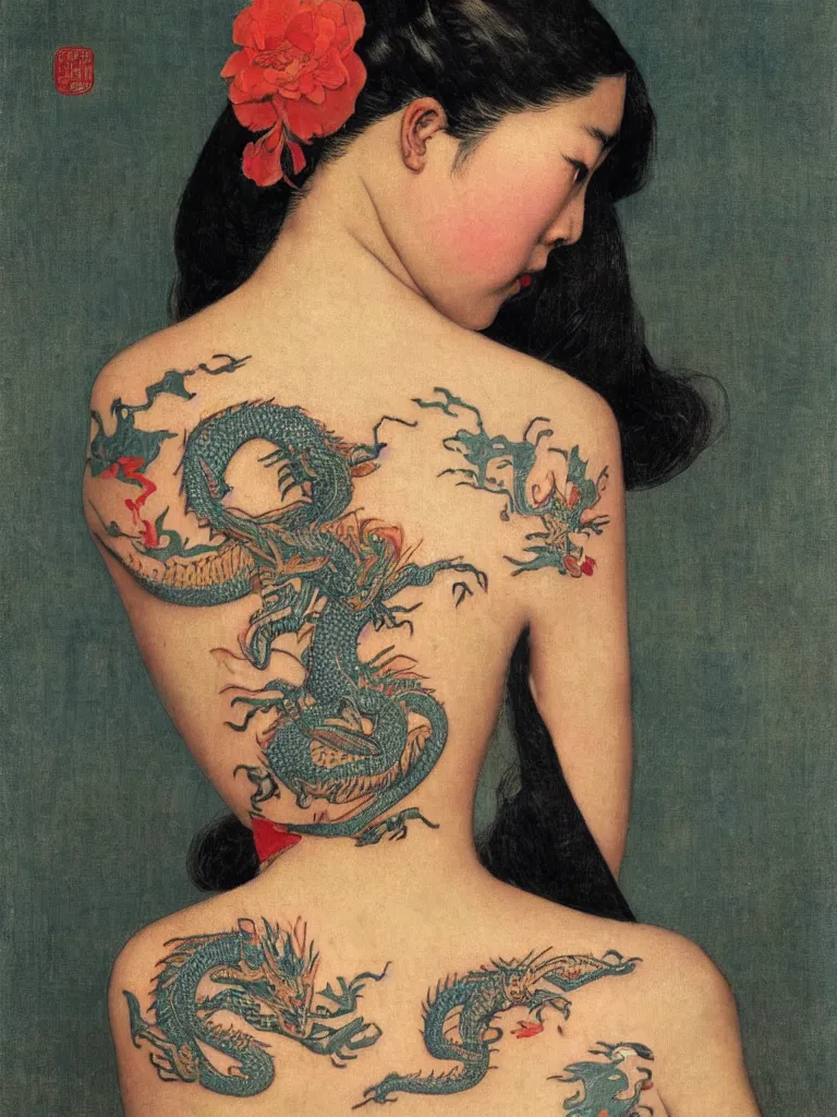 Prompt: a Portrait of a beautiful Chinese girl with a tattoo of a dragon on her back by Norman Rockwell