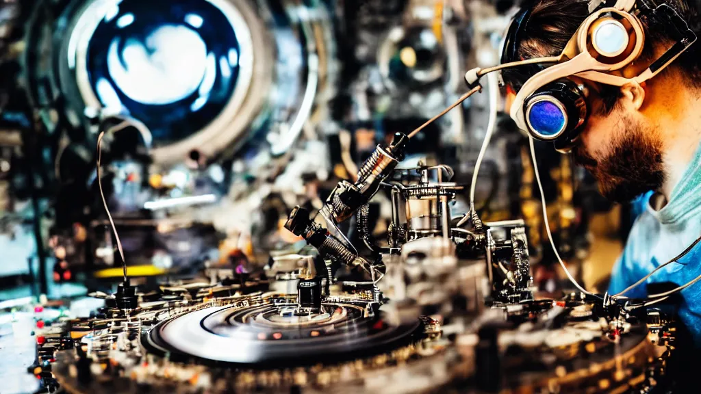 Image similar to a person wearing goggles and visor and headphones using a steampunk record player contraption, wires and tubes, turntablism dj scratching, intricate planetary gears, complex, cinematic, imax, sharp focus, iridescent