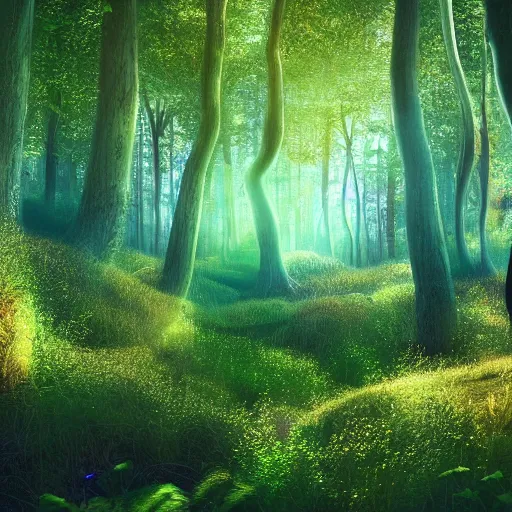Prompt: fairy forest, wisps, landscape, magical, surreal, light shafts, light diffusion, heaven, oasis