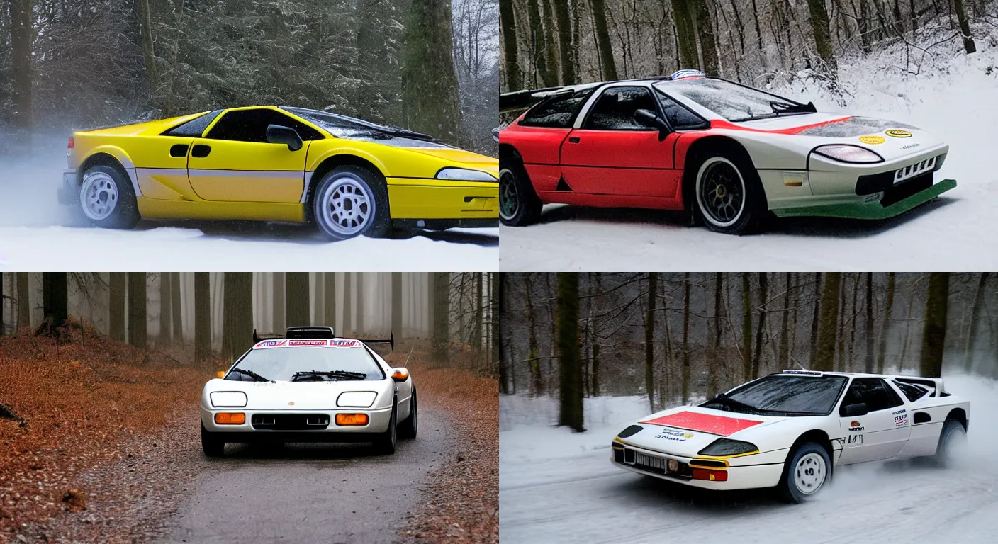 Prompt: a 2 0 0 2 lotus esprit v 8, racing through a rally stage in a snowy forest