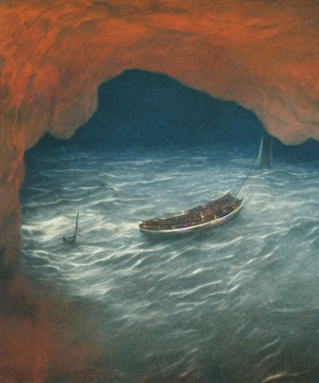 Image similar to color photo of a 1 9 2 5 seiner sailing with the jamaican shoreline with the mouth of a sea cave at the waterline, dark, brooding, atmospheric, seascape, lovecraft, horror, smooth, epic, highly detailed, cinematic, annie lebowitz