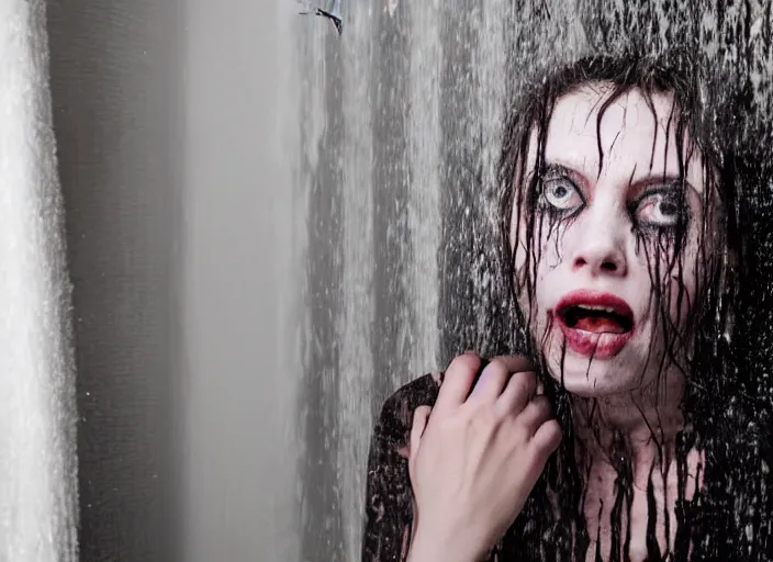 Image similar to Horror movie still of a woman peeking from behind the shower curtain. Her hair is wet and you can see the emotion of surprise in her eyes