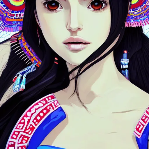 Image similar to a beautiful young japanese natalie portman alluring gravure model, stylized concept art, wearing elaborate oversized designer bomber jacket and one piece bikini, bulky bomber jacket with mesoamerican patterns, mesoamerican native street fashion, princess mononoke, painted by ilya kuvshinov aesthetic, gorgeous, stunning, alluring, attractive, artstation, pinterest, digital art