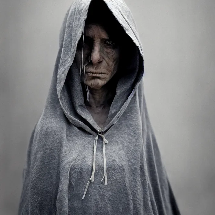 Prompt: closeup portrait of a cloaked hooded figure holding candy, standing in a desolate abandoned house, by Annie Leibovitz and Steve McCurry, natural light, detailed face, CANON Eos C300, ƒ1.8, 35mm, 8K, medium-format print
