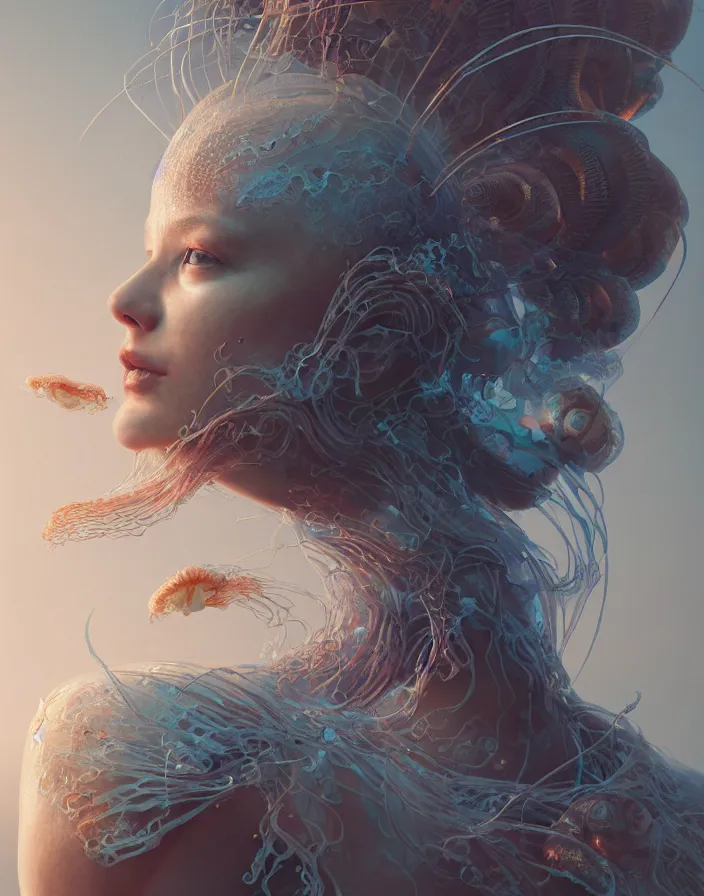 Image similar to goddess portrait. jellyfish phoenix head. intricate artwork by Tooth Wu and wlop and beeple. octane render, trending on artstation, greg rutkowski very coherent symmetrical artwork. cinematic, hyper realism, high detail, octane render, 8k, matte painting, peter mohrbacher, 3d