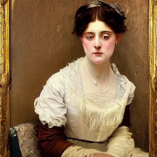 Image similar to young victorian lady being annoyed, painted by alfred stevens