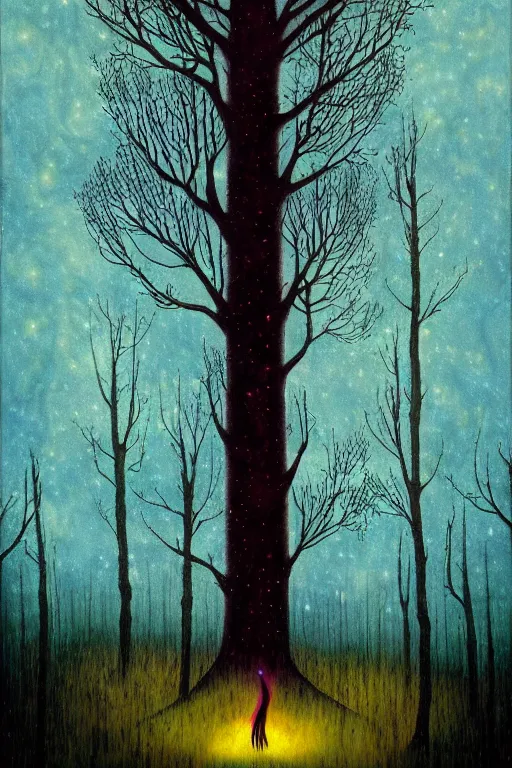 Image similar to tarot card, haunted woods, by andy kehoe