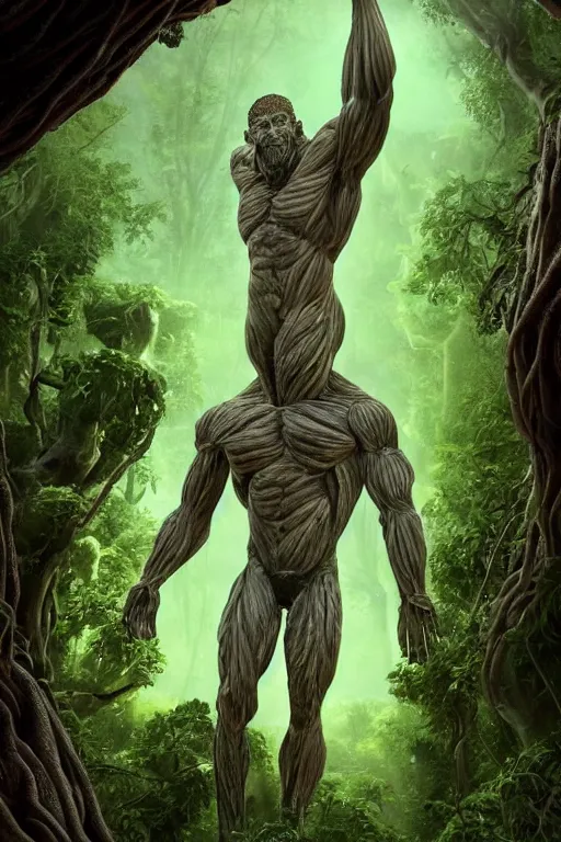 Prompt: high resolution photo of a muscular humanlike creature with big brain, overgrown by brain material, made of brains, brainy, smart, slime, tree roots, dark clouds, foliage, veins, lightning, big muscles, sweat, slime, troll, fishlike, gills, dragonlike, grown together, overgrown, electronic wires, god rays, dark, skin, plastic wrap,