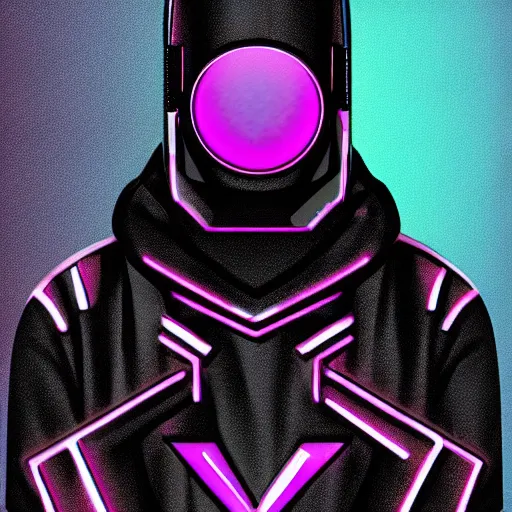 Prompt: a black shiny synthwave android with a visor, a sweatshirt and a cool hat, digital art, cyberpunk, vivid, technological