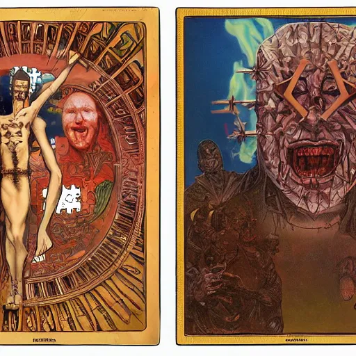 Image similar to a matte painting of hellraiser puzzle box floating above skinned man in hell by clive barker and alex grey and alphonse mucha