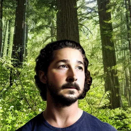 Prompt: you are in a forest, you see shia labeouf, badly hiding in a bush looking at you