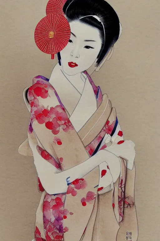 Image similar to pretty seductive geisha, digital art, 8k, character, realistic, portrait, photorealism, japan watercolour, masterpiece art