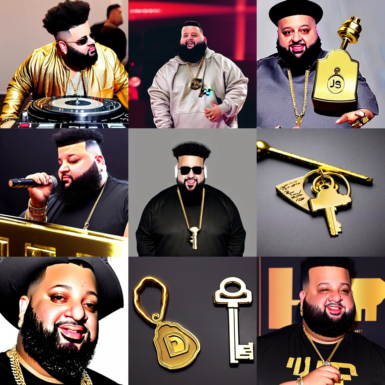 Prompt: dj khalid's head on the base of a golden key