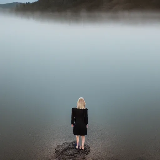 Image similar to a woman, standing in shallow endless water, foggy, backlit, backlit, photo by Marat Safin, Canon EOS R3, f/1.4, ISO 200, 1/160s, 8K, RAW, unedited, symmetrical balance, in-frame