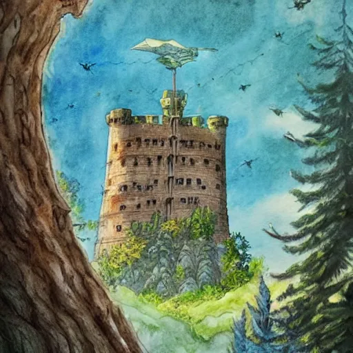 Image similar to laputa castle in the sky flies over the forest, watercolor illustration for a book