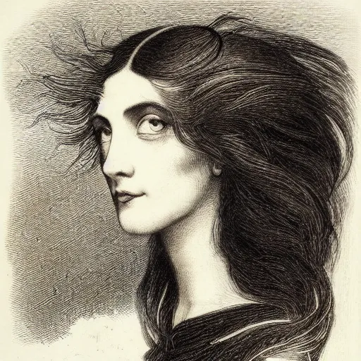 Image similar to portrait of a beautiful woman, gothic, cat eyes, hair waving in the wind, high detail, illustration by gustav dore