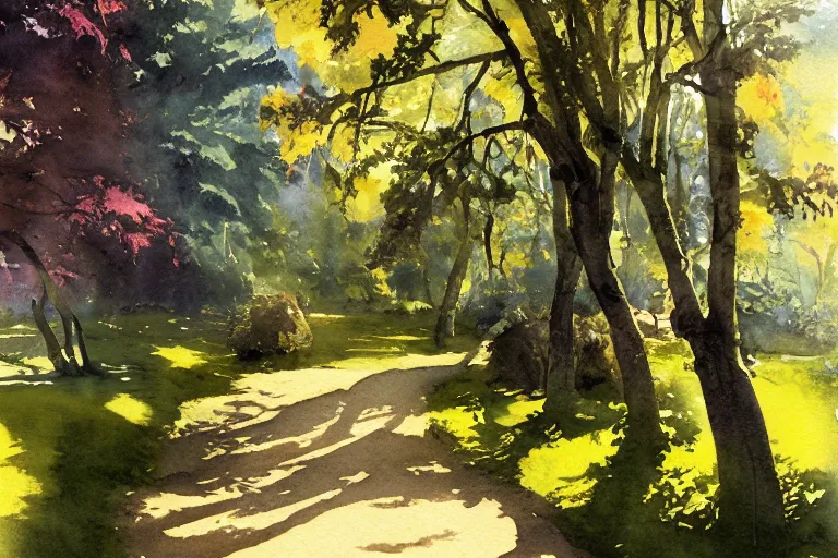 Prompt: small centered on watercolor paper, paint brush strokes, abstract watercolor painting of park, daylight, shadows, covering foliage over luxurious pathway, sunlight shining through, translucent leaves, cinematic light, national romanticism by hans dahl, by jesper ejsing, by anders zorn, by greg rutkowski, by greg manchess, by tyler edlin