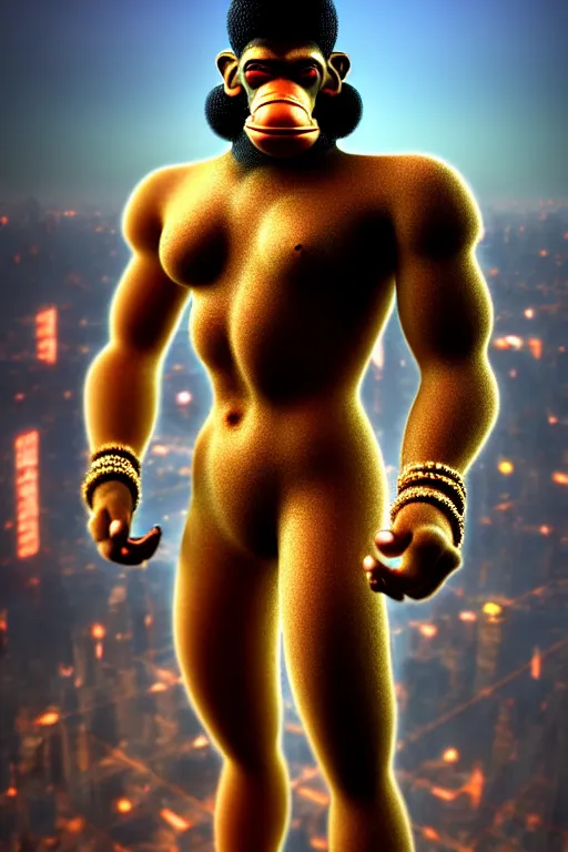 Image similar to high quality 3 d render ultra realistic cyborg hanuman! with gold nose piercings, cyberpunk highly detailed, mumbai in the background, unreal engine cinematic smooth, in the style of blade runner & solaris, hannah yata charlie immer, moody light, low angle, uhd 8 k, sharp focus