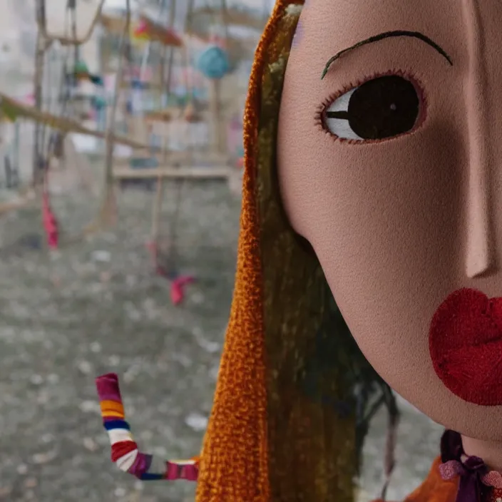 Image similar to a closeup portrait of a sad woman wearing a cloak made of ribbons, standing next to an empty swing playground, stop motion animation, claymation, anomalisa