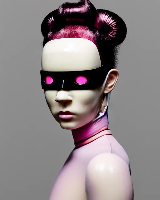 Image similar to symmetrical portrait of a woman wearing a embroidered translucent silicone mask and pink hair buns, wearing a black bodysuit by alexander mcqueen, cream white background, soft diffused light, biotechnology, humanoide robot, bjork aesthetic, translucent, by rineke dijkstra, intricate details, highly detailed, masterpiece,