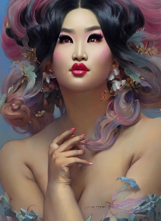 Image similar to kim chi, drag queen, painting by artgerm and greg rutkowski and alphonse mucha