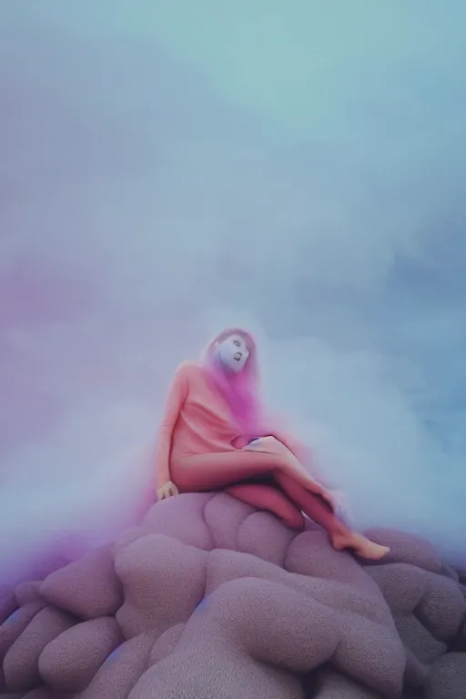 Image similar to high quality pastel coloured film close up wide angle photograph of a model wearing clothing resting on cloud furniture in a icelandic black rock!! environment in a partially haze filled dreamstate world. three point light, rainbow. photographic production. art directed. pastel colours. volumetric clouds. pastel gradient overlay. waves glitch artefacts. extreme facial clarity. 8 k. filmic.