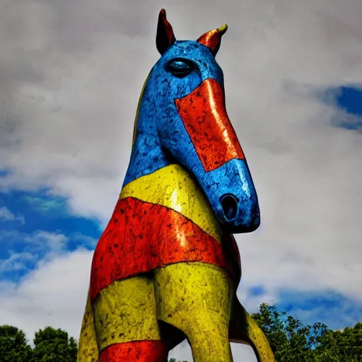 Prompt: horse statue , background from blue to red to yellow