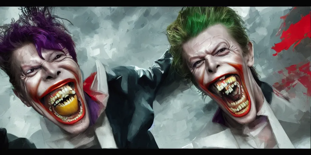 Image similar to David bowie as the joker laughing at you, Darek Zabrocki, Karlkka, Jayison Devadas, Phuoc Quan, trending on Artstation, 8K, ultra wide angle, pincushion lens effect.