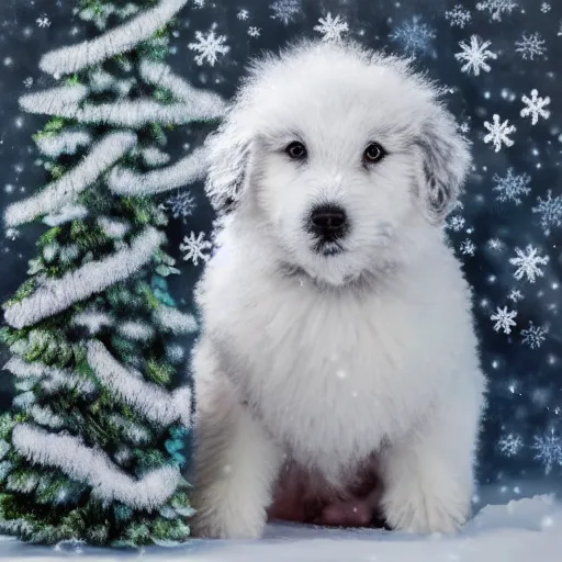 Prompt: cute fluffy grey and white sheepdog puppy sitting in snowy winter landscape with holiday trees detailed painting 4k