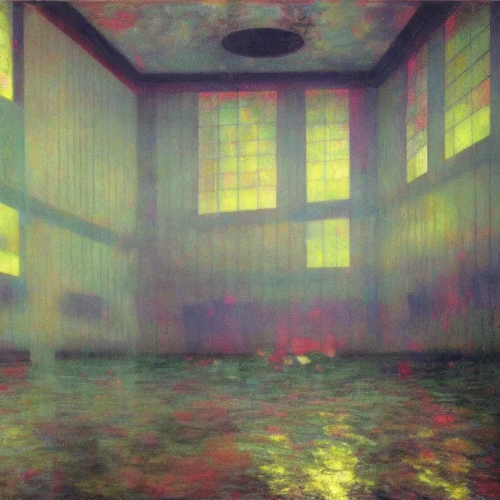 Image similar to interior of a flooded old house. aurora borealis. iridescent, psychedelic colors. painting by hammershoi, balthus, mark rothko, agnes pelton, utamaro, monet