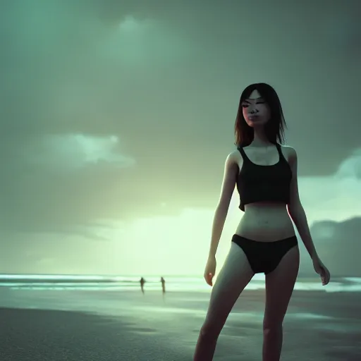 Image similar to a photorealistic hyperrealistic, jade hsu, girl on the beach, beautiful dynamic dramatic low - light moody lighting, cinematic atmosphere, artstation, concept design art, octane render, 8 k